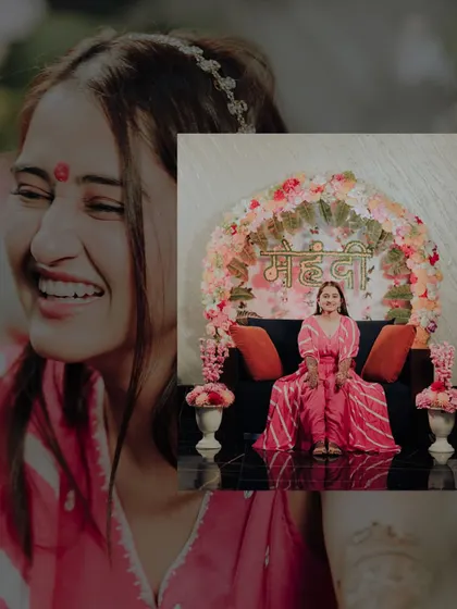 An artistic collage of the bride at her Mehandi ceremony, with a joyful, smiling portrait at the center.