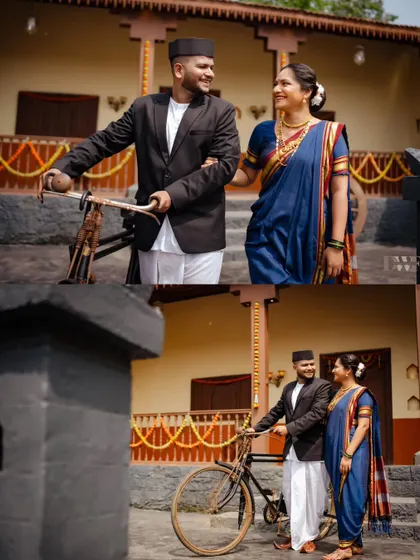 A walk through the village, hand in hand. This shot, with a vintage cycle, evokes a sense of timeless, old-world romance, perfectly complementing their traditional Marathi attire.