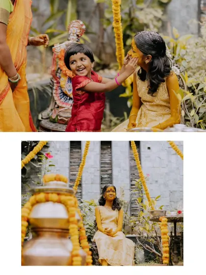 A collage from a Half Saree Haldi ceremony, capturing the playful and traditional moments of the event.