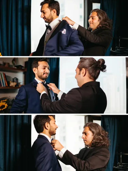 The groom's best man helps him with his suit jacket and bow tie. This collage captures the supportive and candid moments between friends while getting ready.