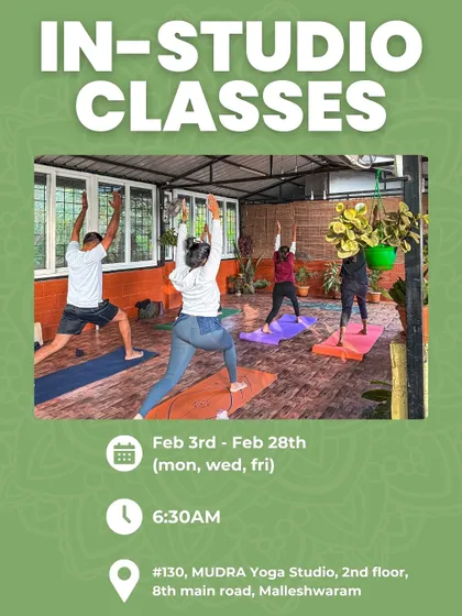 Join me for in-person classes at my beautiful rooftop studio in Malleshwaram. Our morning sessions are the perfect way to start your day with energy and intention.