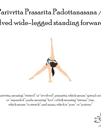 Parivrtta Prasarita Padottanasana (Revolved Wide-Legged Forward Fold) strengthens the upper body, releases stress in the shoulders, and improves digestion.