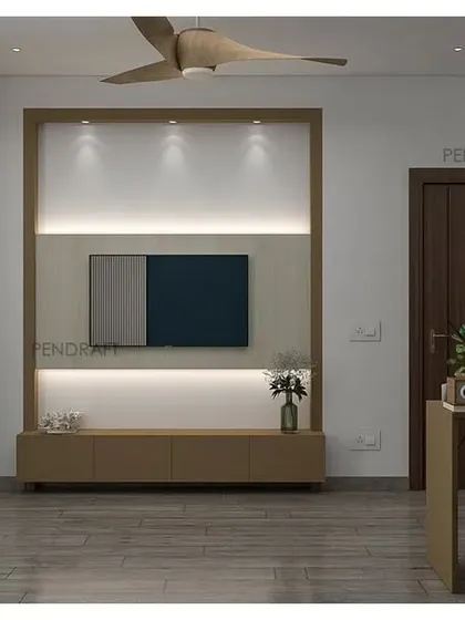 In this bedroom, we used a combination of blue and natural rattan for the wardrobe, creating a modern and stylish look that pairs well with the integrated TV unit.