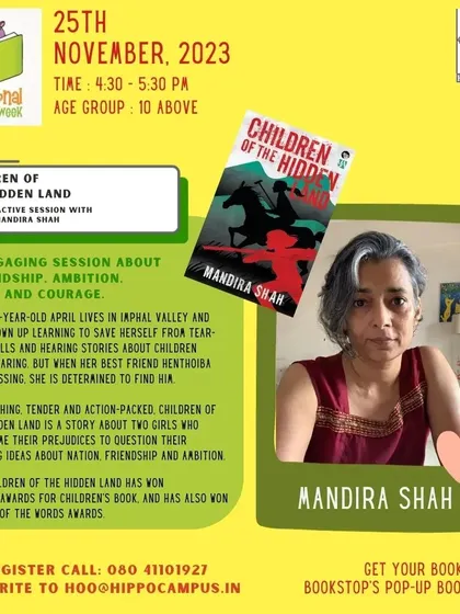 An event for older readers, this poster announces an interactive session with author Mandira Shah for her award-winning book, "Children of the Hidden Land."