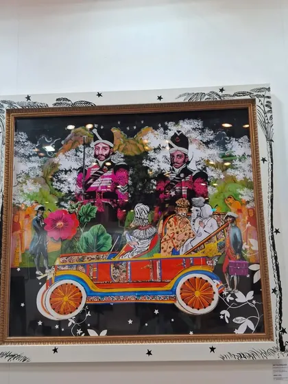 A vibrant and chaotic collage by Beygumbano, featuring historical figures in a brightly colored car, blending history with pop culture.