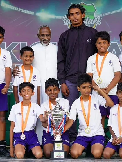 Our U-11 champions from EuroSchool North Campus, posing with their trophy and medals after a fantastic performance in the inter-school tournament.