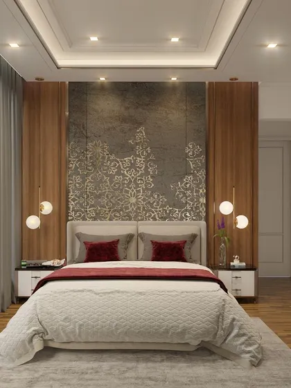 In this bedroom, we used a textured wallpaper with a damask-like pattern as a feature behind the bed. Complemented by wood paneling and spherical pendant lights, the design feels rich and layered, with a touch of classic elegance.