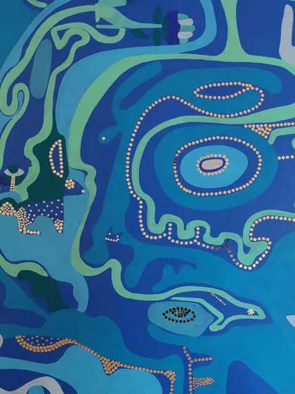 A detail of the abstract, ocean-inspired mural in our studio.