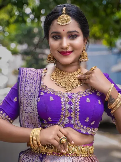 A model from a photoshoot, wearing our antique gold choker and Vaddanam with a vibrant purple blouse.