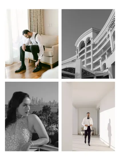 A black and white collage capturing the groom getting ready and the modern architecture of the Dubai venue, telling a story of contemporary luxury.