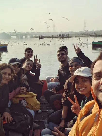 All smiles on our Yamuna Riverfront tour. We love capturing these happy moments as our groups experience a different side of Delhi, enjoying a peaceful boat ride surrounded by flocks of seagulls.