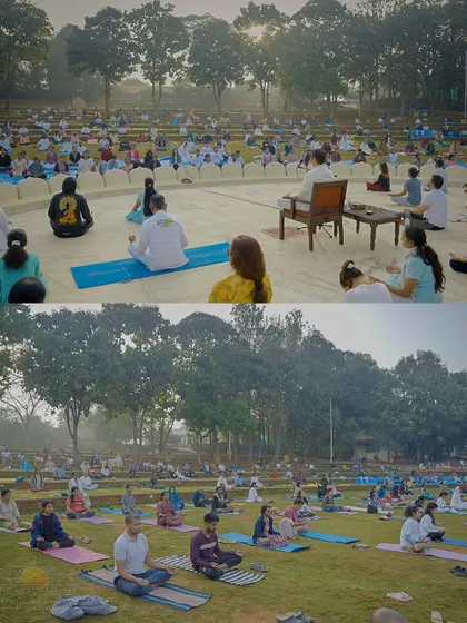 Residents and visitors at our Bengaluru center gather in the amphitheater for a collective meditation on World Meditation Day. The open-air setting adds a beautiful element of nature to the experience of shared stillness.