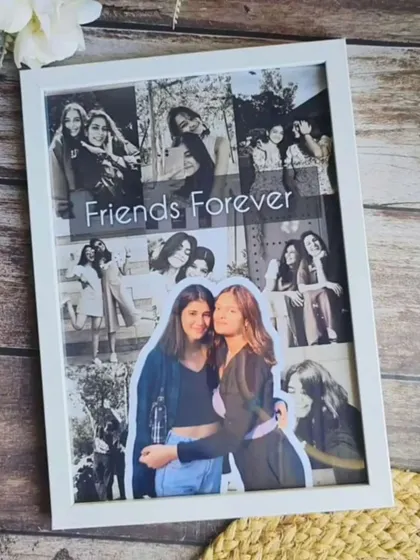 A closer look at our 'Friends Forever' mosaic photo frame. The contrast between the color pop and the monochrome background makes it a very artistic and eye-catching piece for any wall.