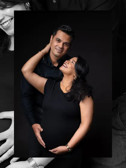 A stylish black and white collage from a studio session, showing a variety of poses from loving gazes to happy smiles.