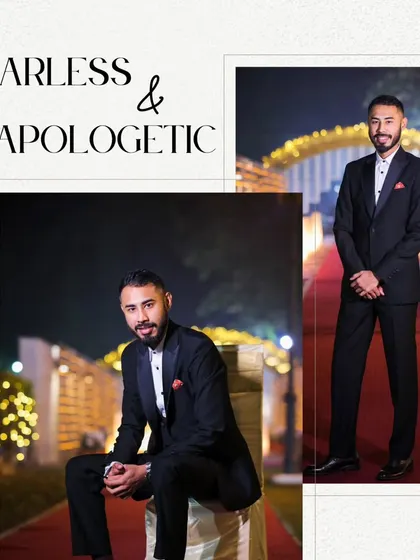 "Fearless & Unapologetic." A collage of the groom looking sharp and confident in his tuxedo, perfect for capturing his personality.
