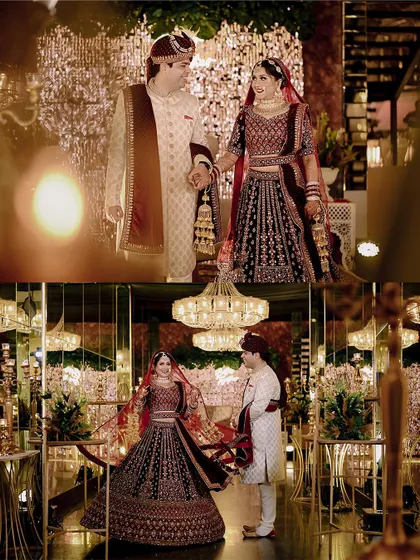 A two-panel shot showcasing the grandeur of the wedding venue and the couple's elegant poses.