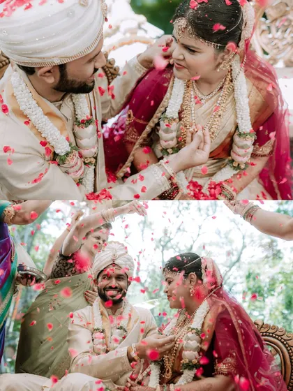 A collage of the couple being showered with flower petals by their loved ones during the ceremony.
