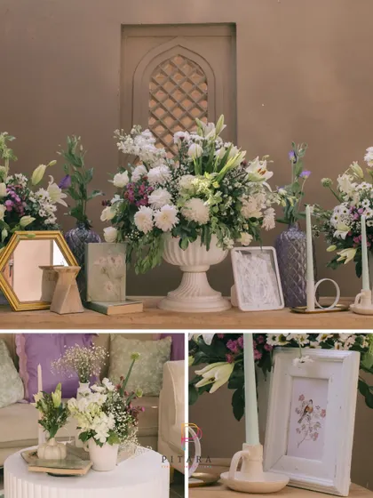 A collage showcasing the various detailed setups, from console tables with vintage mirrors to centerpieces with candles and photo frames.