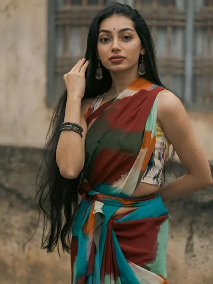 A duplicate of a multi-color saree shoot image.
