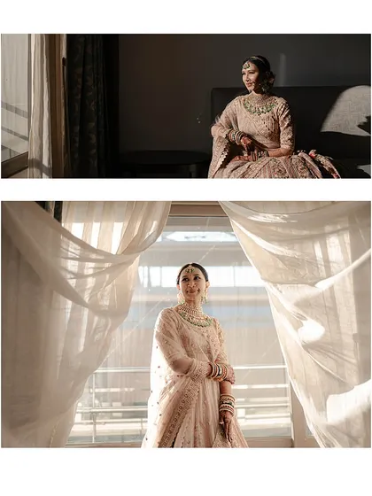 The bride by the window, framed by sheer curtains, creating a dreamy and ethereal portrait.