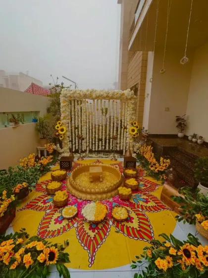 There's nothing like the energy of a Haldi ceremony. This outdoor setup features a hand-painted floor mandala and a canopy of fresh white and yellow flowers, creating a vibrant and picture-perfect space for the celebration.