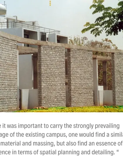 A detail of the stone wall construction at IIM-B, with a quote about blending seamlessly with the existing context. This highlights our focus on material and contextual harmony.