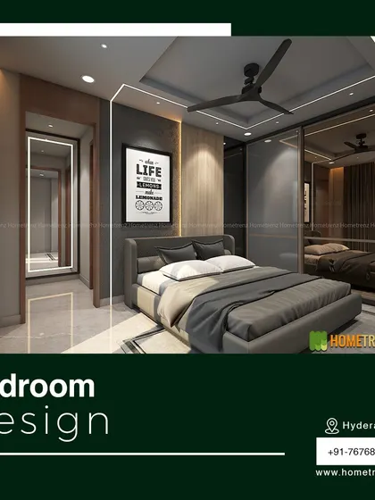 A modern bedroom design with a focus on clean lines. The space includes a bed with an upholstered headboard, a wardrobe with dark mirrored sliding doors, and a full-length back-lit mirror.