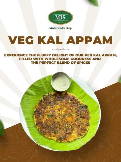 Our Veg Kal Appam is a fluffy, savory pancake topped with a mix of finely chopped vegetables and spices. It's a light yet satisfying option for any meal.