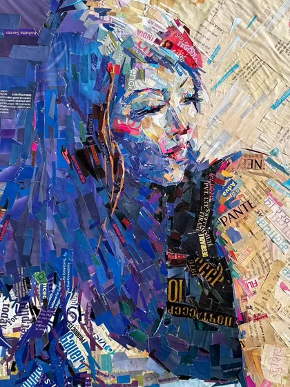 This "tanned woman" portrait is a paper collage masterpiece by artist Sunil Vyas. By layering pieces of magazines and newspapers, he creates a textured and expressive work of art that gives new life to discarded paper.