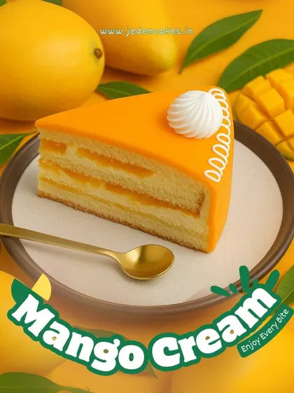 A perfect slice of our Mango Cream Cake, showing the beautiful layers of fluffy sponge and rich mango cream. It's pure mango magic.