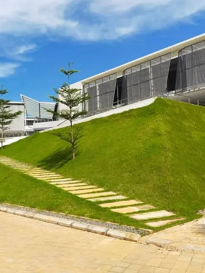 Green mounds, or earth berms, at the DRL Leadership Academy in Andhra Pradesh. These landscape features tuck in classrooms on the ground floor, providing natural insulation and creating informal seating areas.