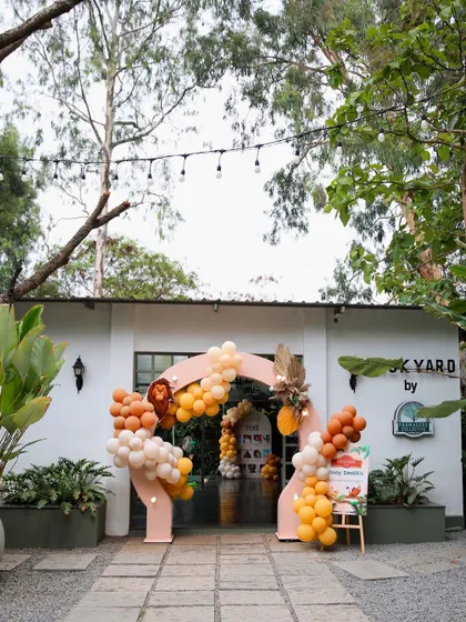 The entrance to The Backyard decorated for a "Lion King" themed birthday. The balloon arch and character cutouts create an exciting and fun welcome for the kids.