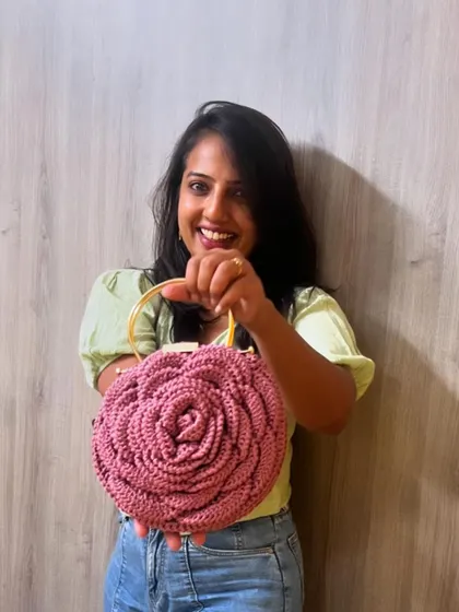 A happy moment holding my finished dusty pink Rose Bag. It’s a joy to create something that brings smiles to others.