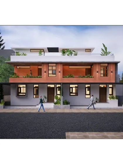 This front elevation render of the Ahmednagar row houses provides a clear view of the building's symmetrical design and material palette. It highlights the clean lines, recessed balconies, and the interplay of light and shadow that define our modern architectural style.