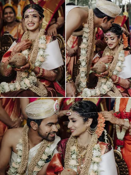 This series of images tells a story of love and ritual. It highlights the bride's happiness, the groom's affection, and their shared looks, providing a glimpse into the beautiful traditions of their South Indian wedding.