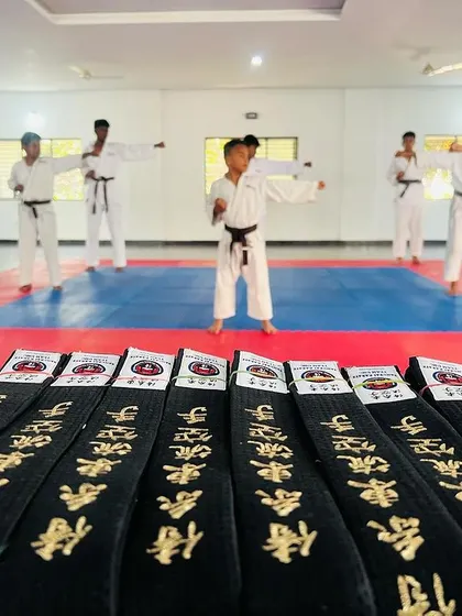 A creative shot of students in their stances, viewed over a line of fresh black belts.
