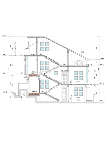 The final technical section drawing for 'Nachiar Illam'. This detailed blueprint shows the precise vertical relationships between the multiple split levels, staircases, and roof structure.