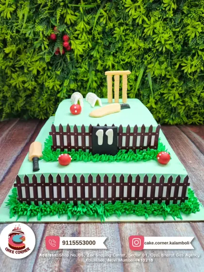 A two-tier cricket pitch cake. With wickets, a bat, and a fence, it's a fantastic design for any cricket enthusiast's birthday.