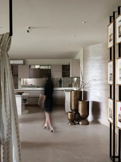 A glimpse into the model kitchen at our Hyderabad Experience Center. This setup allows clients to visualize a complete kitchen layout, from cabinetry finishes to appliance integration, within a real-world context.