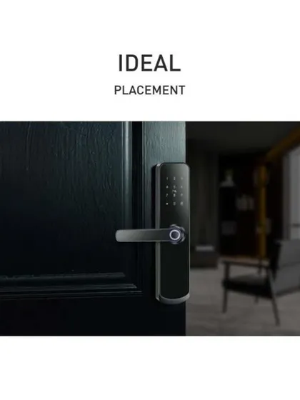 An ideal placement example of the Morphy Eco smart lock on a main door. This model includes features like passage mode, audit trail, and remote location unlocking for ultimate convenience.