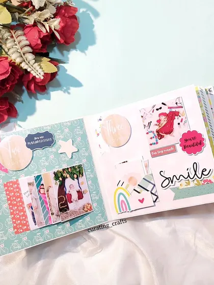 A page from the baby record book, featuring a waterfall card to show a sequence of photos.