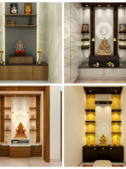 This collection shows my versatility in designing pooja spaces, from minimalist designs with OM symbols to grander, dedicated nooks.