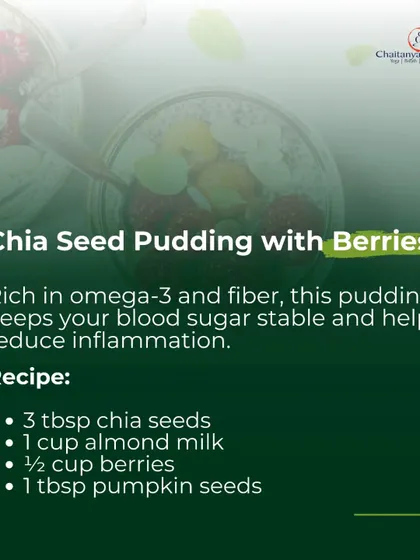 Vegan Breakfast Idea 2: Chia Seed Pudding with Berries. Rich in omega-3s and fiber, this pudding keeps your blood sugar stable and helps reduce inflammation.