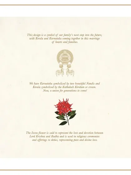 A duplicate of image 60, this card explains the symbolism behind the custom motifs, connecting the design to the couple's Kerala and Karnataka heritage.