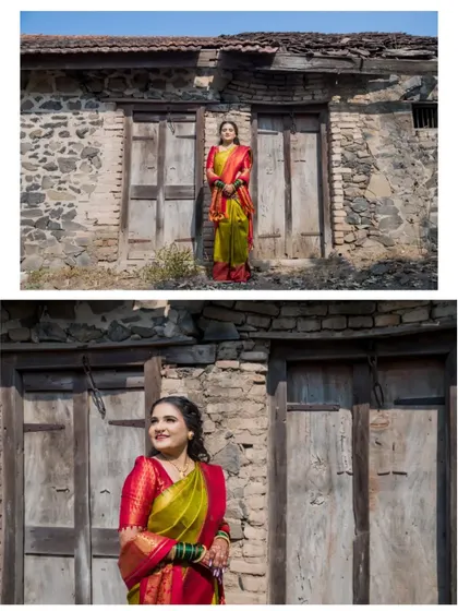A collage of the bride posing in front of a traditional stone house, her elegance shining in a rustic environment.