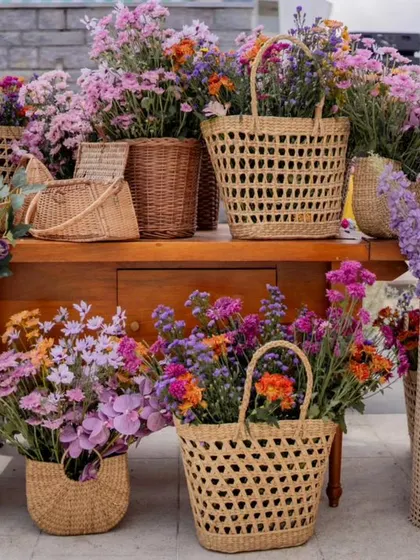 A beautiful display of fresh flowers in rustic cane baskets.