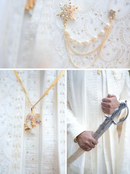 A collage focusing on the details of the Maharashtrian groom's attire. It showcases his elegant white sherwani, the traditional sword (talwar), and other royal accessories.
