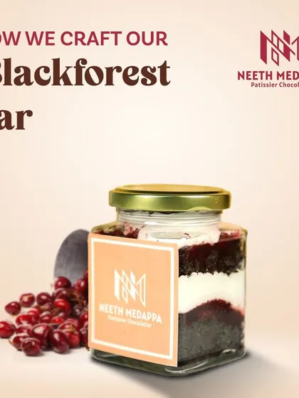Here's how I craft my Black Forest Jar. You can see the layers of moist chocolate sponge, luscious cherry compote, and vanilla whipped crèmeux coming together to create this classic dessert in a jar.