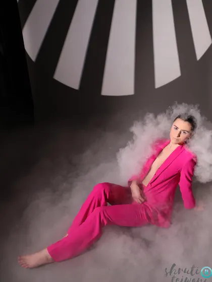 A high-fashion shot for Label.san, using smoke and dramatic lighting to create an ethereal mood for this bold pink pantsuit.