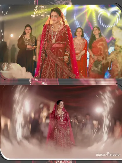 A collage capturing the bride's dramatic entry, using creative blur effects to focus on her.